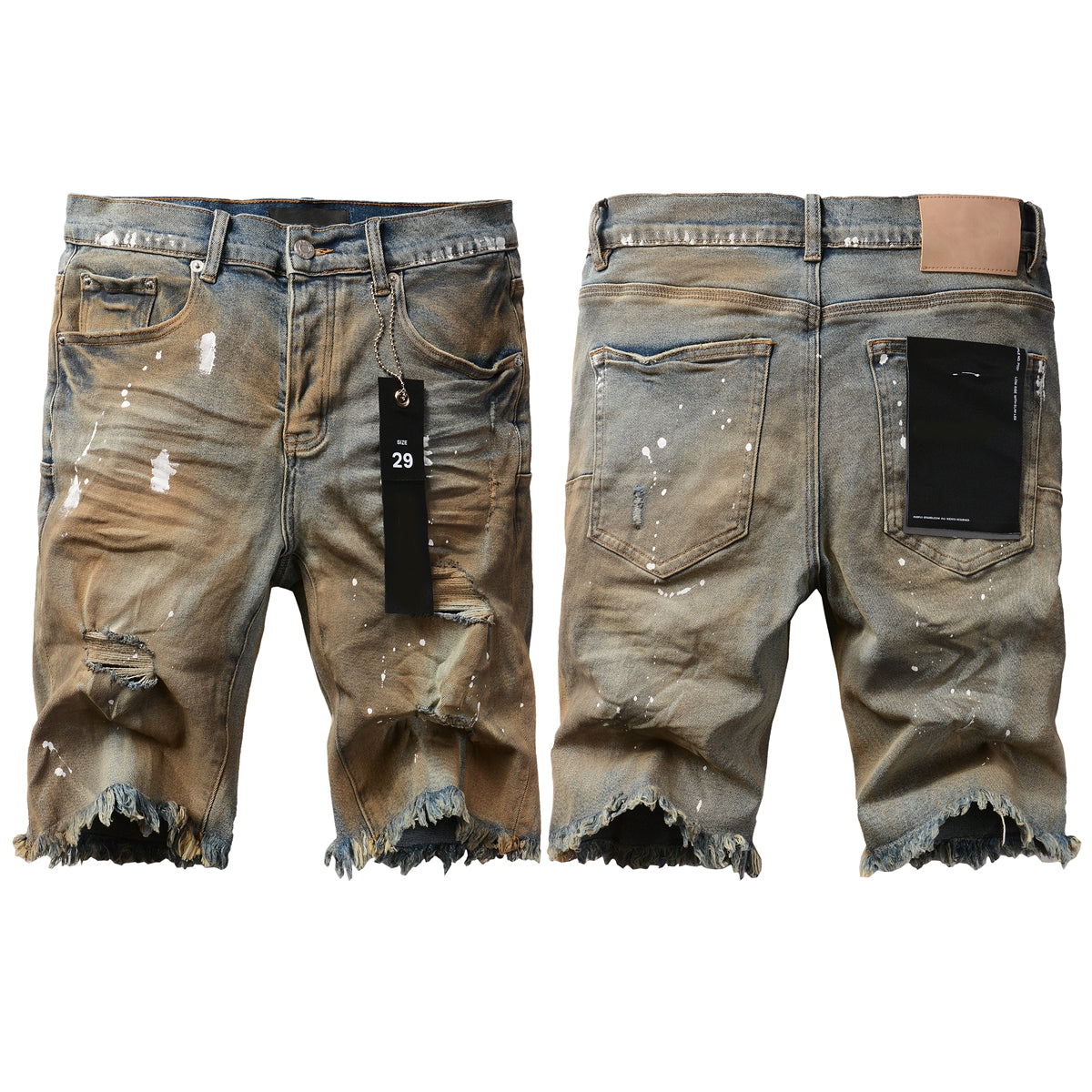 PURPLE Men Streetwear Denim Shorts Brownish Wash with White Paint Splashes and Distressed Raw Hem 5012
