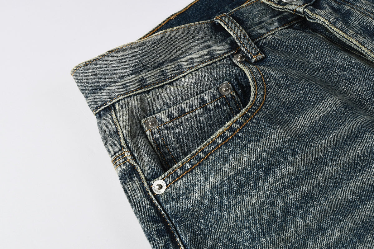 PURPLE Men Vintage Streetwear Straight Jeans Blue Washed with Whisker Fade and Contrast Panels PU9120