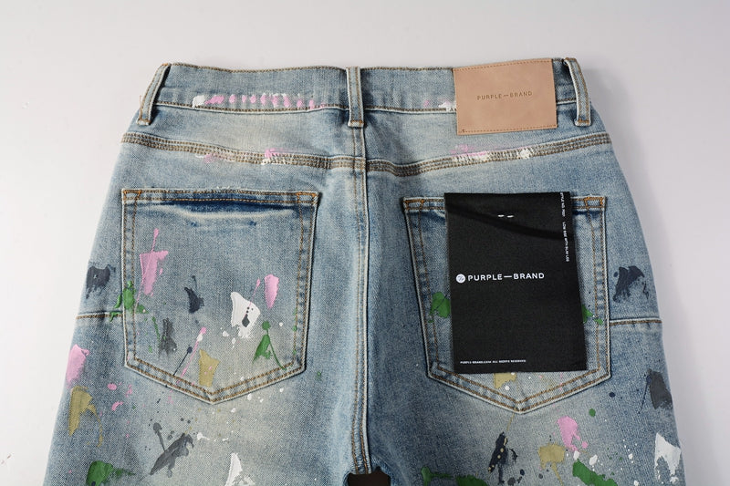PURPLE Men Streetwear Denim Shorts Light Blue Wash with Colorful Paint Splashes and Distressed Raw Hem 5066