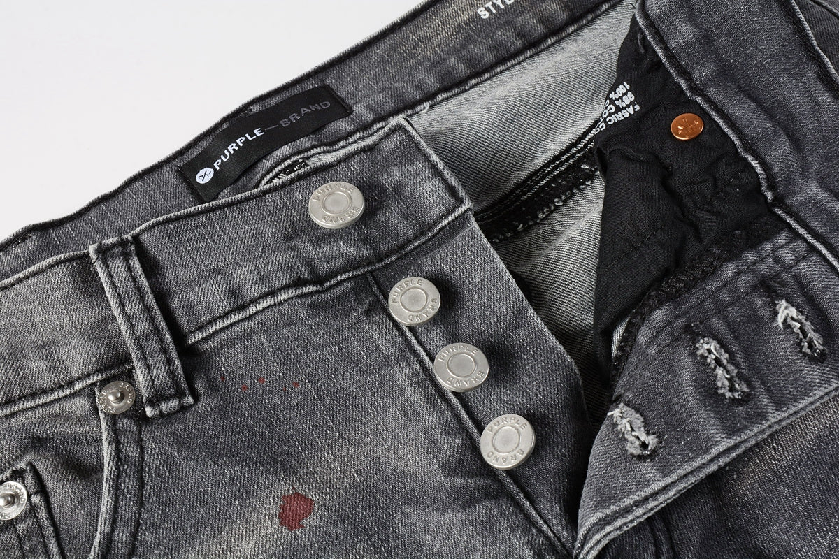PURPLE Men Streetwear Distressed Grey Skinny Jeanswith Color Paint Splatter and Knee Rips 9107