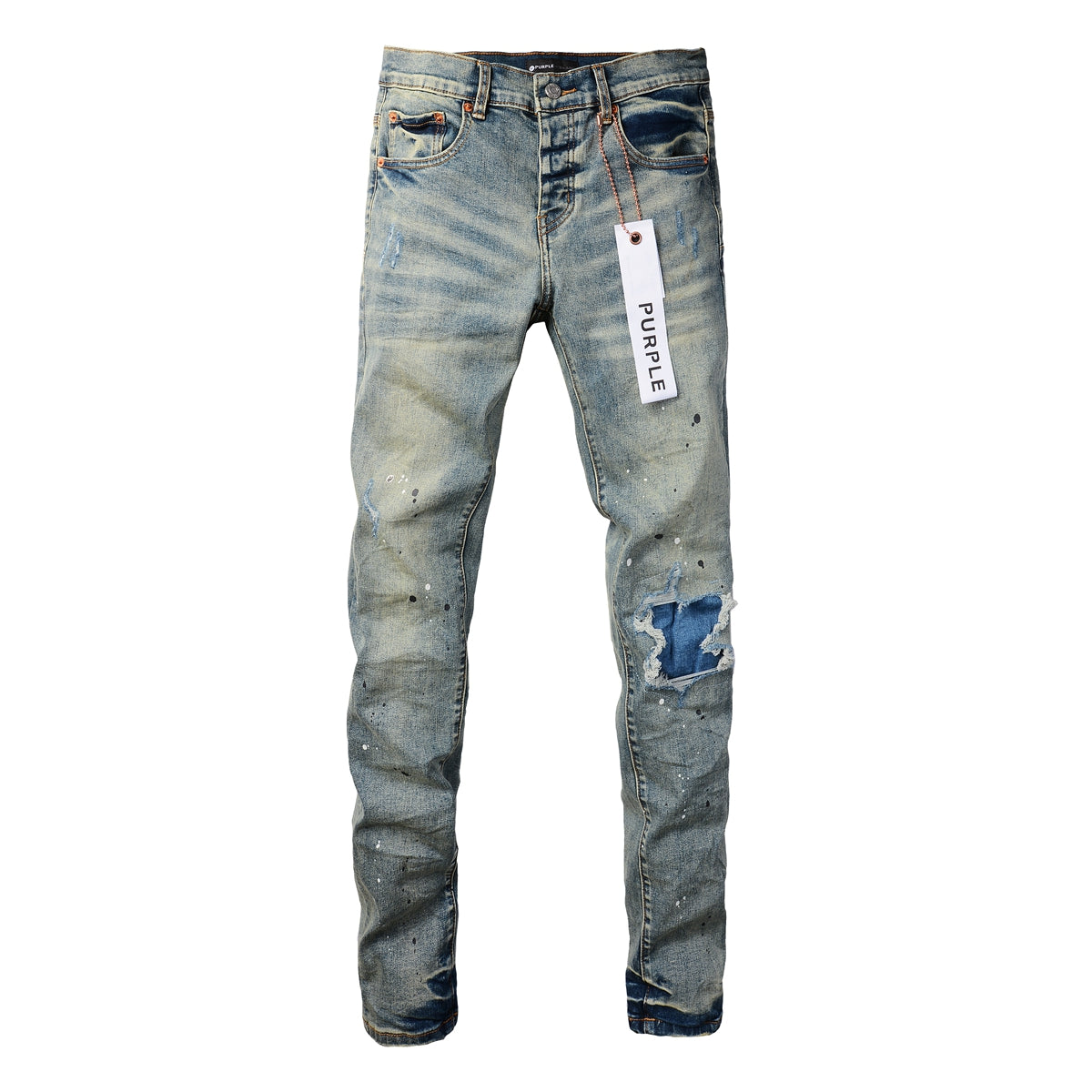PURPLE Men Streetwear Skinny Jeans Light Blue Wash with Blue Patched Rips and White Paint Splatter 9050-1