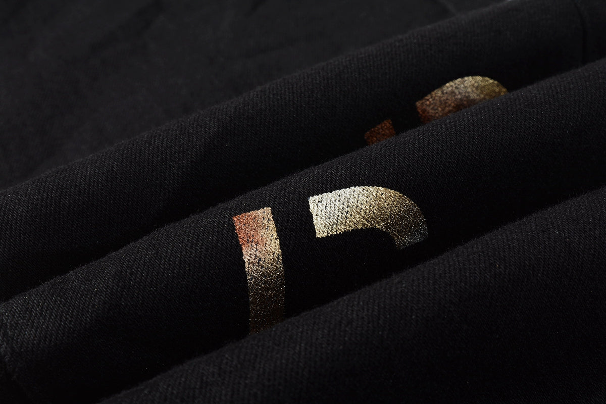 PURPLE Men Streetwear Skinny Jeans Black Wash with All-Over Metallic Gold "P" Print 9008