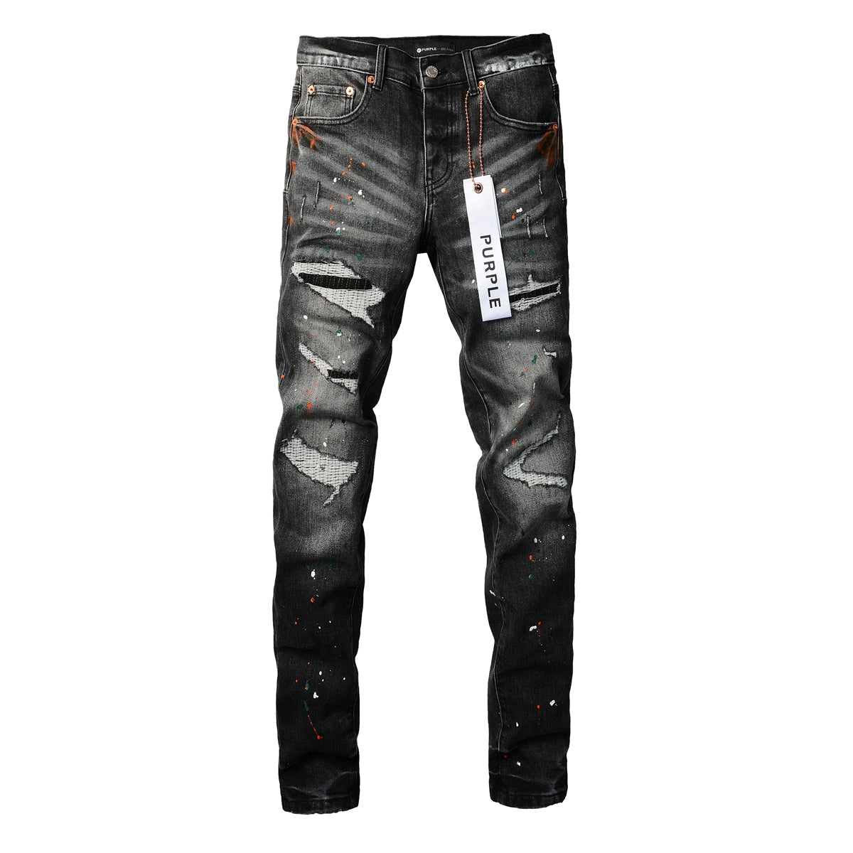 PURPLE Men Streetwear Skinny Jeans Dark Gray Wash with Distressed Rips and Multi-Color Paint Splatter 9018