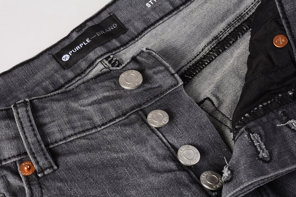 PURPLE Men Streetwear Skinny Jeans Dark Gray Wash with Knee Rips and White Paint Splatter 9039