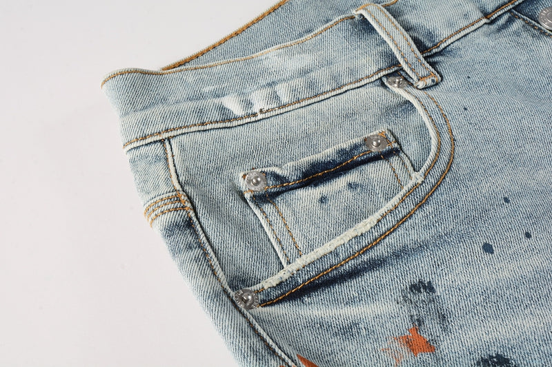 PURPLE Men Streetwear Denim Shorts Light Blue Wash with Colorful Paint Splashes and Distressed Raw Hem 5071
