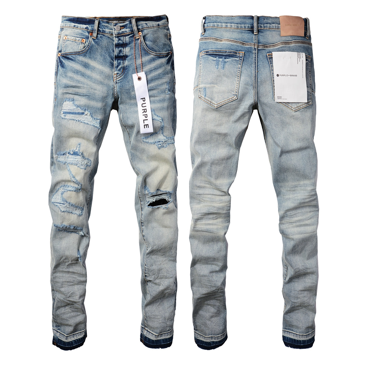 PURPLE Men Streetwear Skinny Jeans Light Blue Wash with Subtle White Pattern Wash 9013