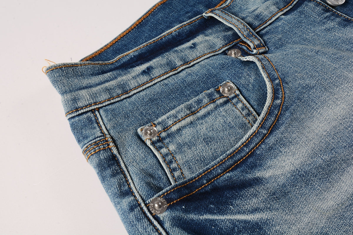 PURPLE Men Streetwear Denim Shorts Light Blue Wash with Distressed Rips and Contrast Blue Hem 5013