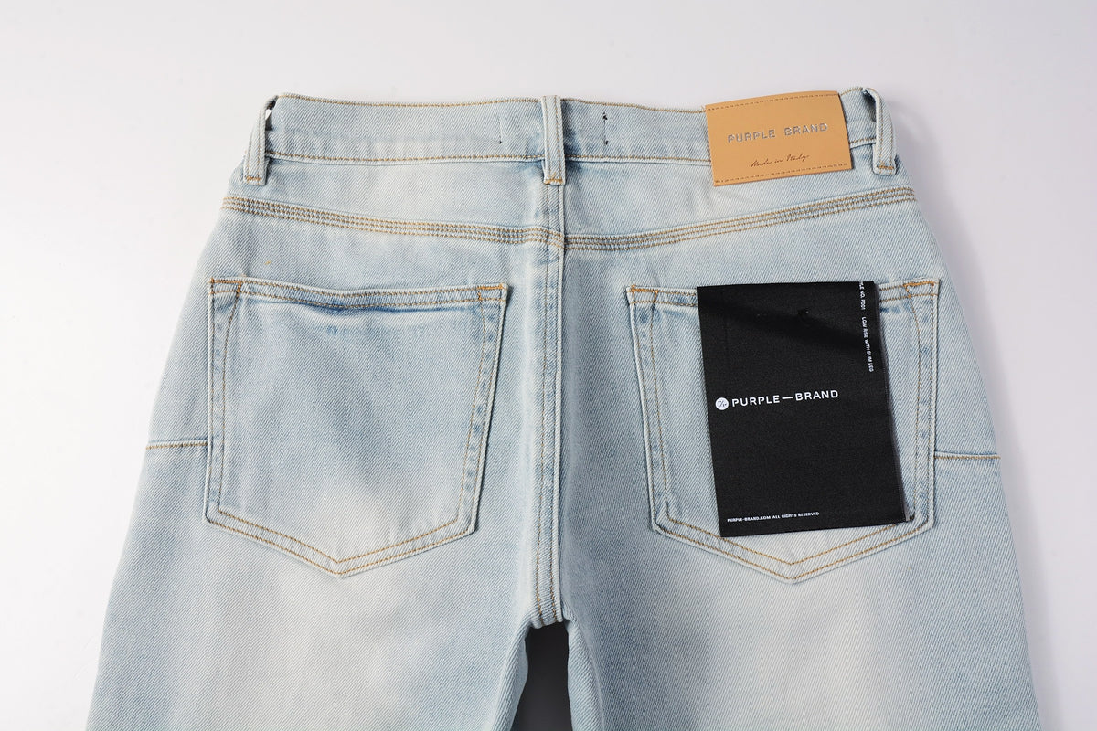 PURPLE Men Streetwear Denim Shorts Light Blue Wash with Side Zipper and Distressed Raw Hem 5086