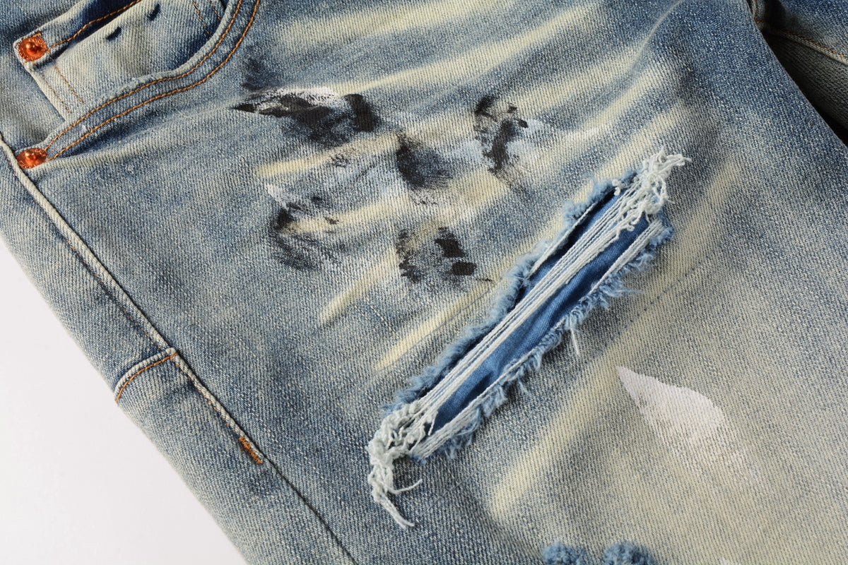 PURPLE Men Classic Streetwear Jeans DistressedBlue Paint Slash Skinny 9037