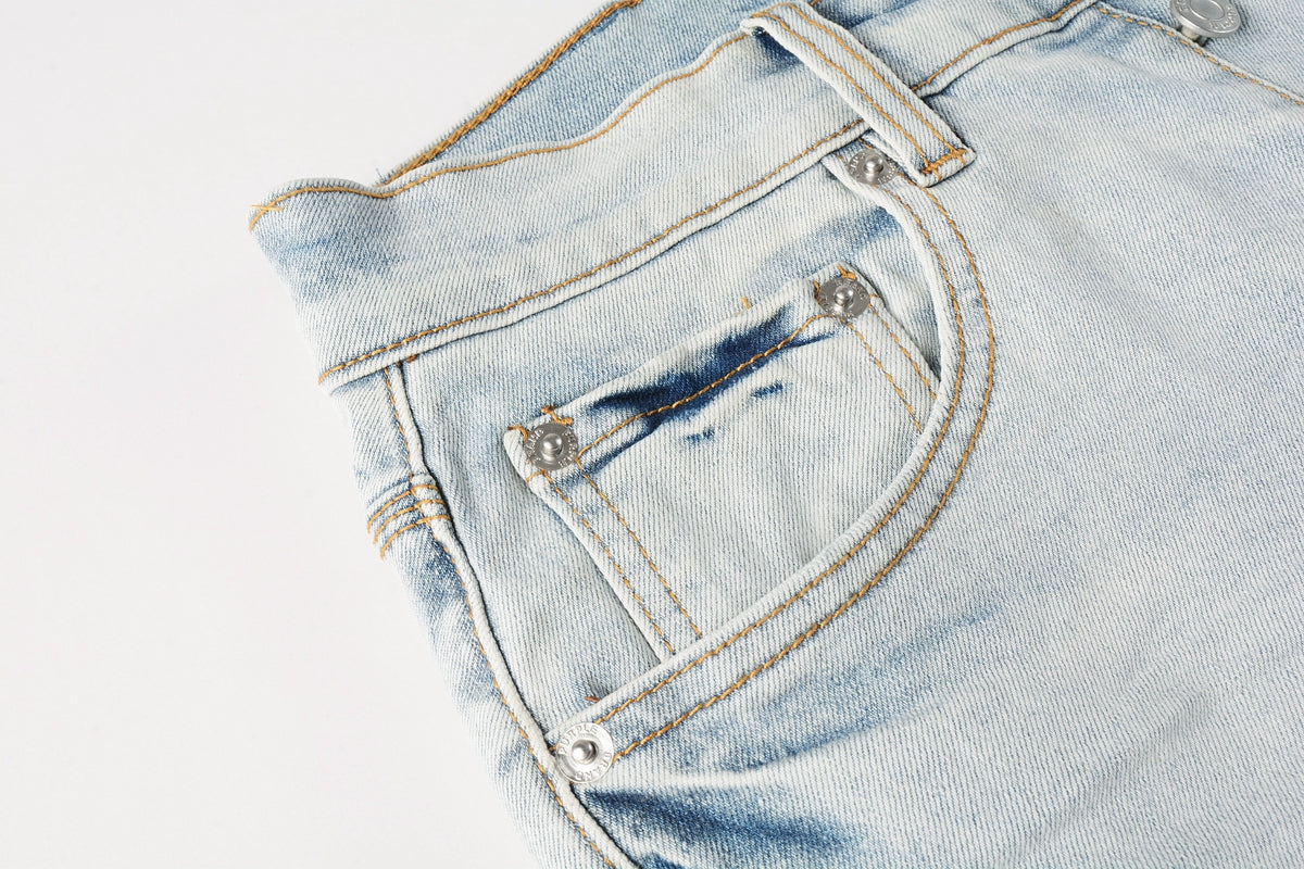PURPLE Men Streetwear Denim Shorts Light Blue Wash with Black Paint Streak Print and Raw Hem 5048