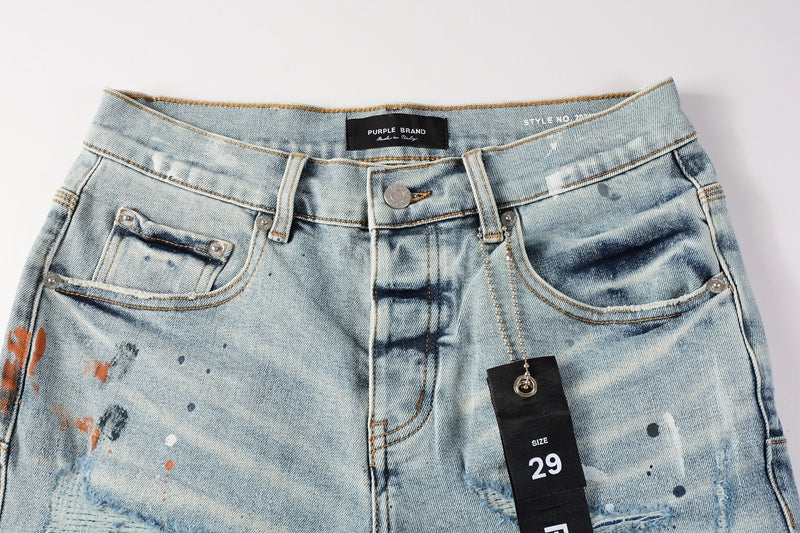 PURPLE Men Streetwear Denim Shorts Light Blue Wash with Colorful Paint Splashes and Distressed Raw Hem 5071