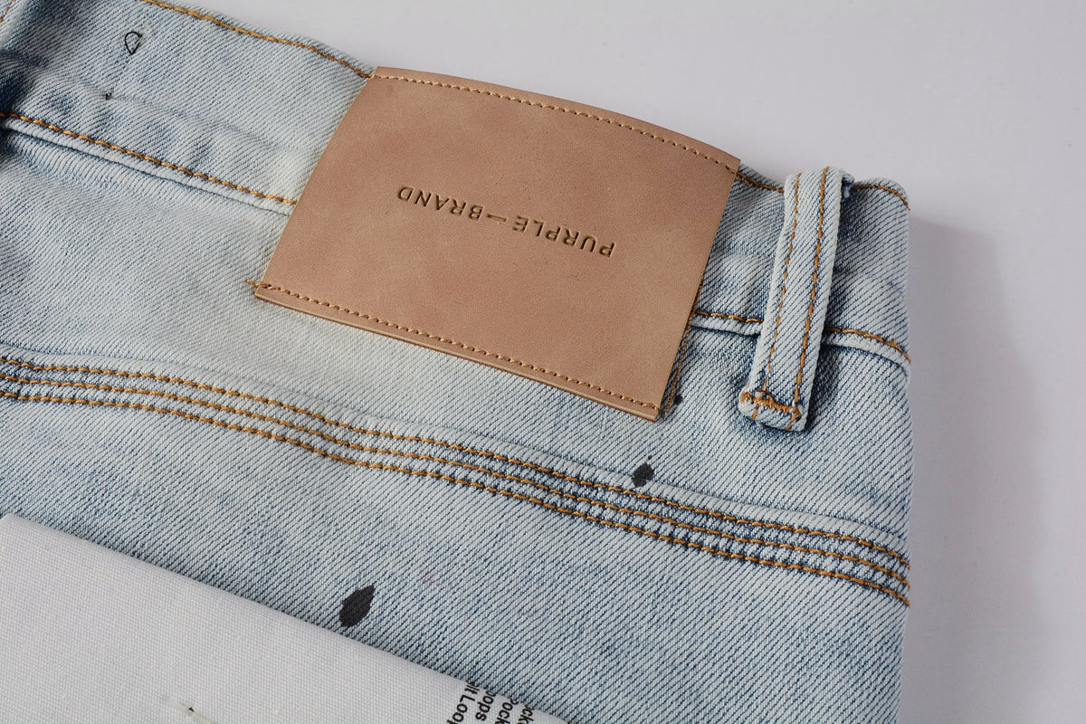PURPLE Men Streetwear Skinny Jeans Light Blue Wash with White Paint Splatter and Subtle Distress 9006