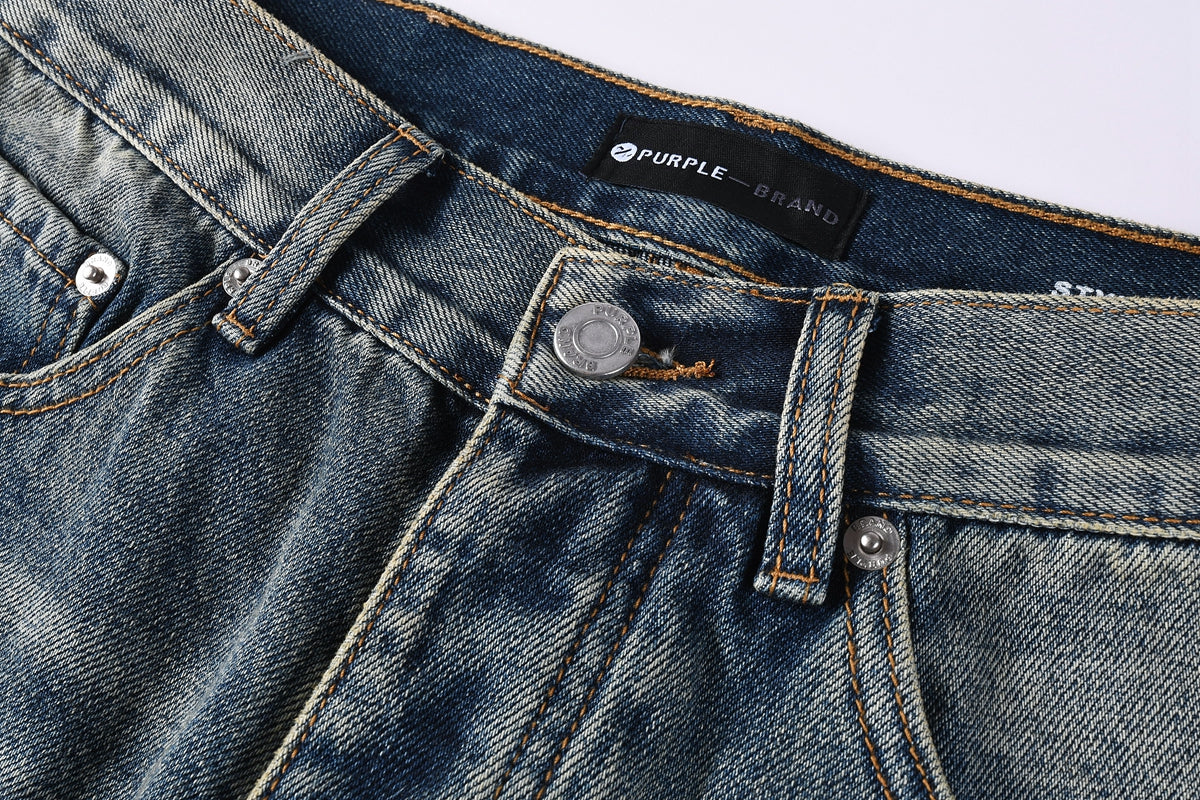 PURPLE Men Vintage Streetwear Straight Jeans Blue Washed with Whisker Fade and Contrast Panels PU9120