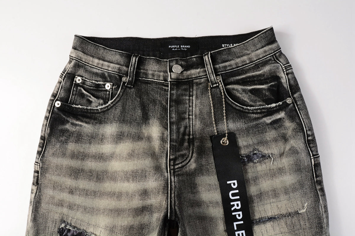 PURPLE Men Streetwear Denim Shorts Grey Black Wash with Leopard Print Ripped Details and Raw Hem 5068