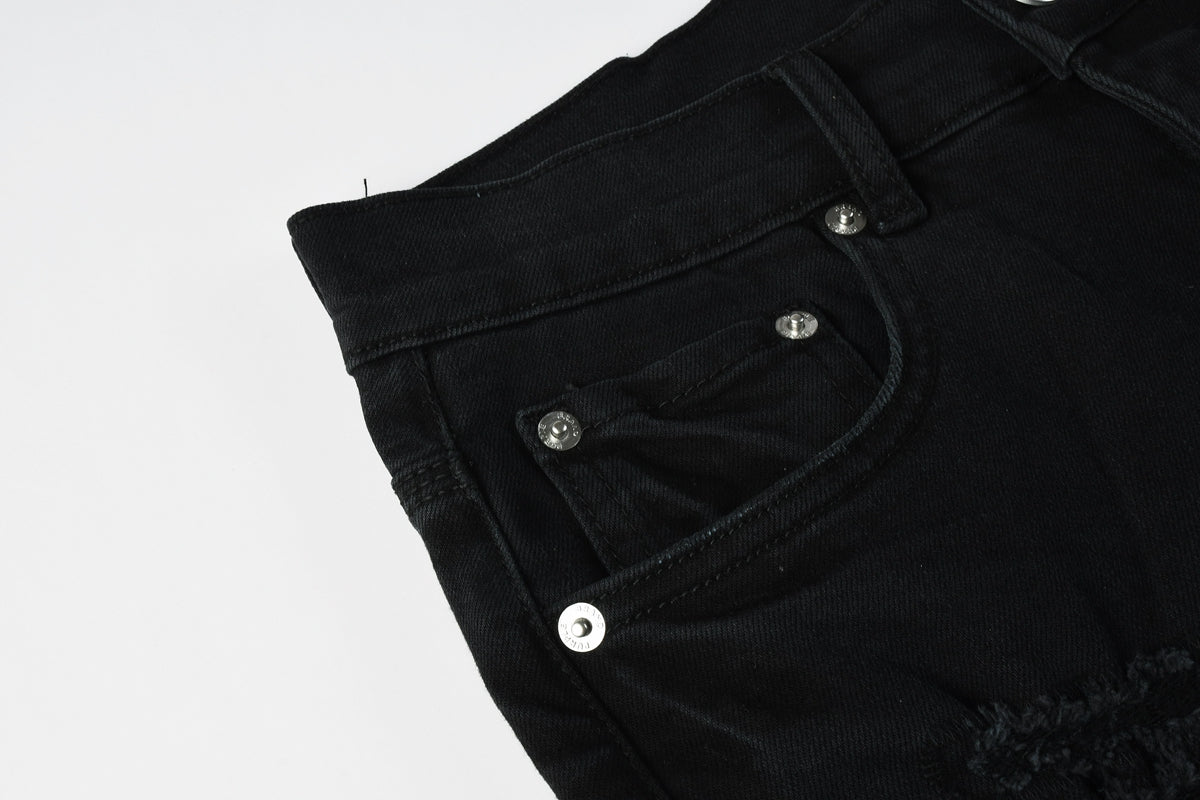 PURPLE Men Streetwear Black Denim Shorts with Distressed Ripped Details and Raw Hem 5108
