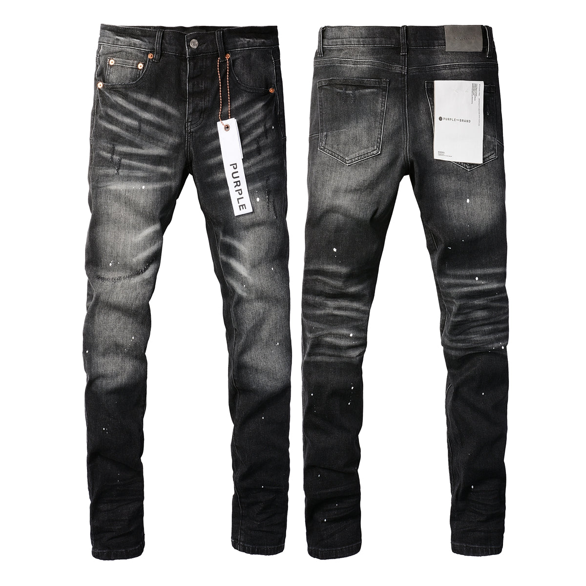 PURPLE Men Streetwear Skinny Jeans Black - Gray Fade Wash with White Paint Specks 9027