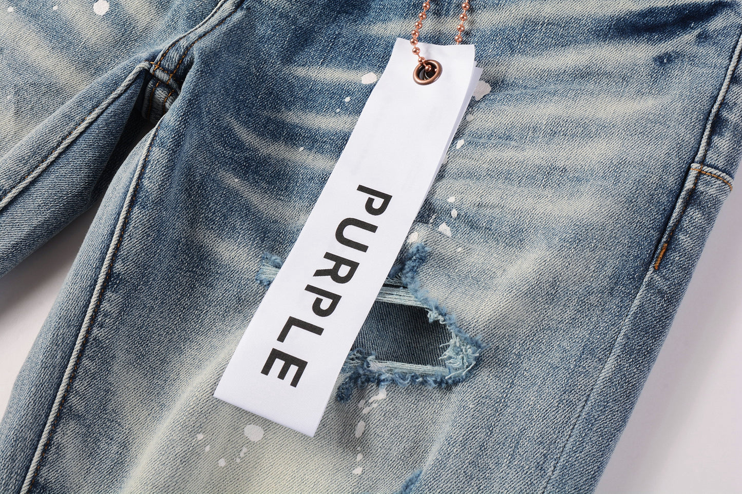 PURPLE Men Streetwear Skinny Jeans Light Blue Wash with Heavy Distressed Rips and White Paint Splatter 9003