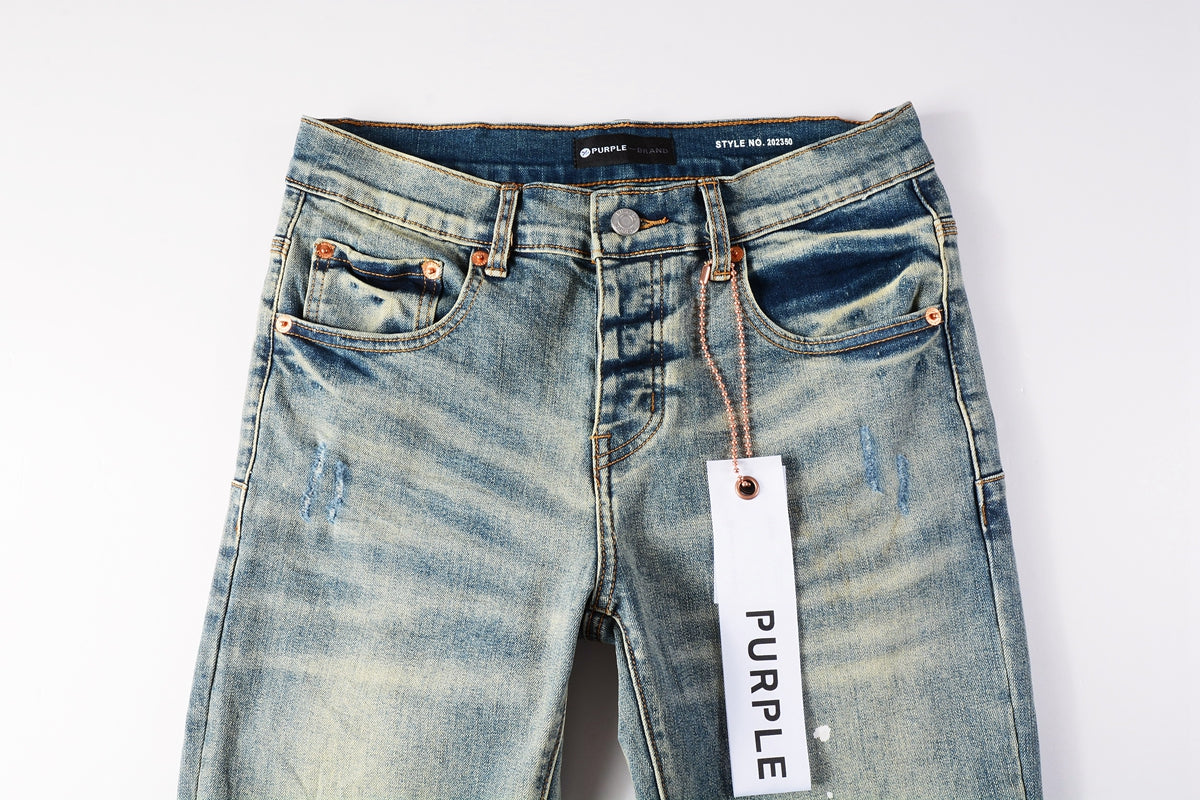 PURPLE Men Streetwear Skinny Jeans Light Blue Wash with Blue Patched Rips and White Paint Splatter 9050-1