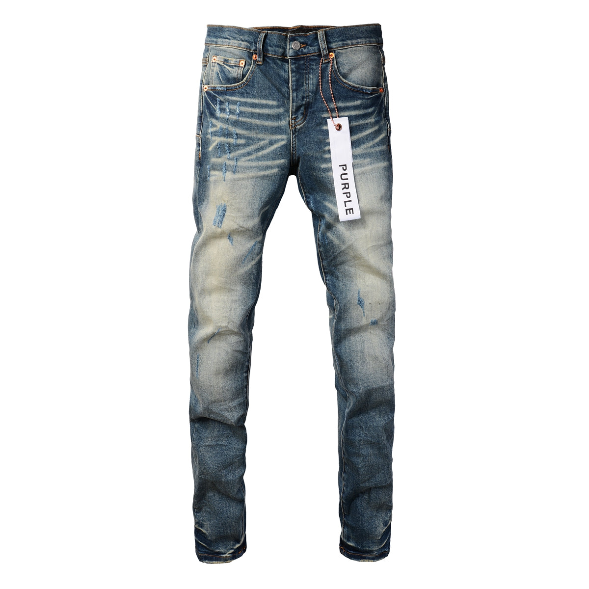 PURPLE Men Streetwear Skinny Jeans Light Blue Wash with Vintage Faded Wash and Subtle Distress 9055