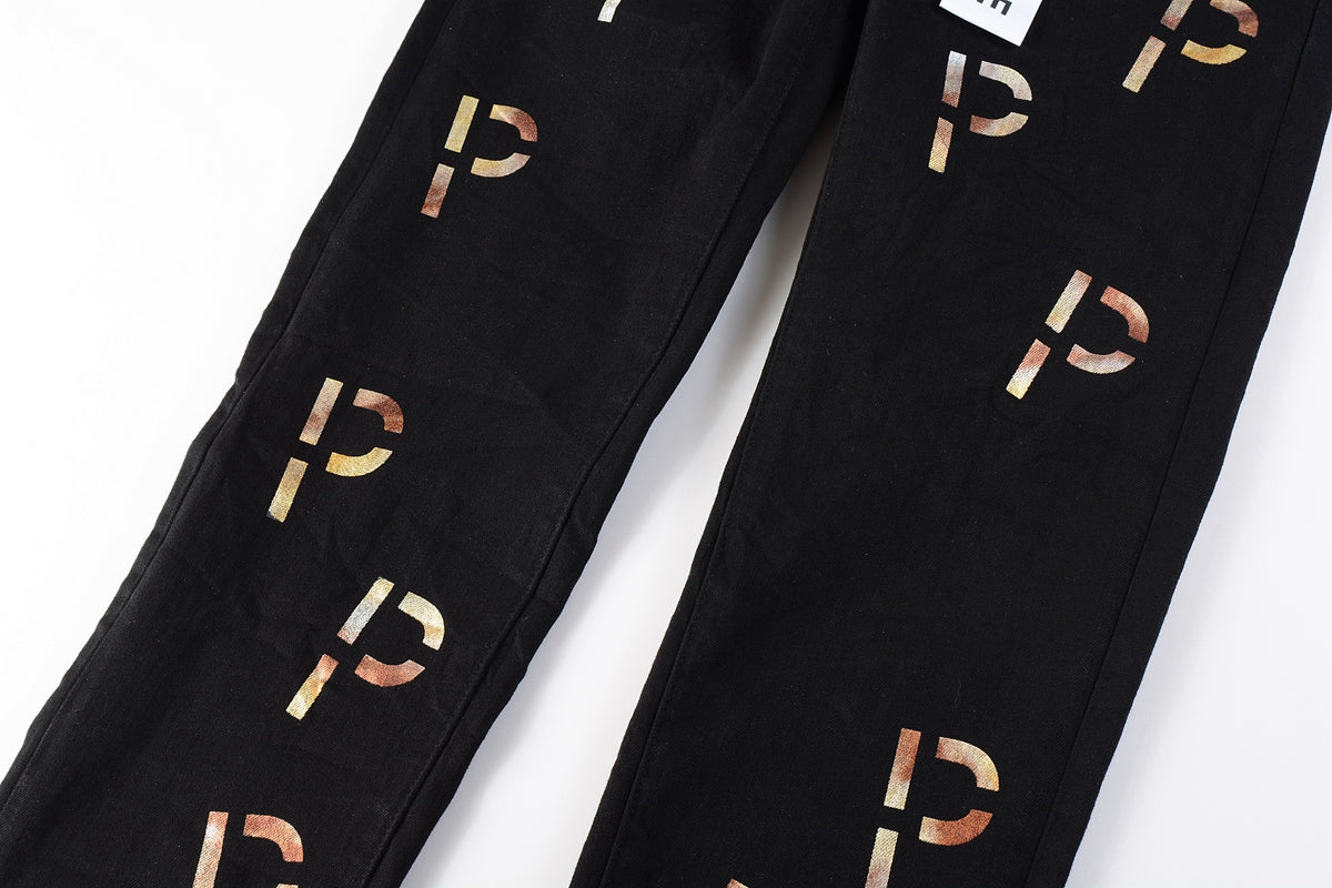 PURPLE Men Streetwear Skinny Jeans Black Wash with All-Over Metallic Gold "P" Print 9008