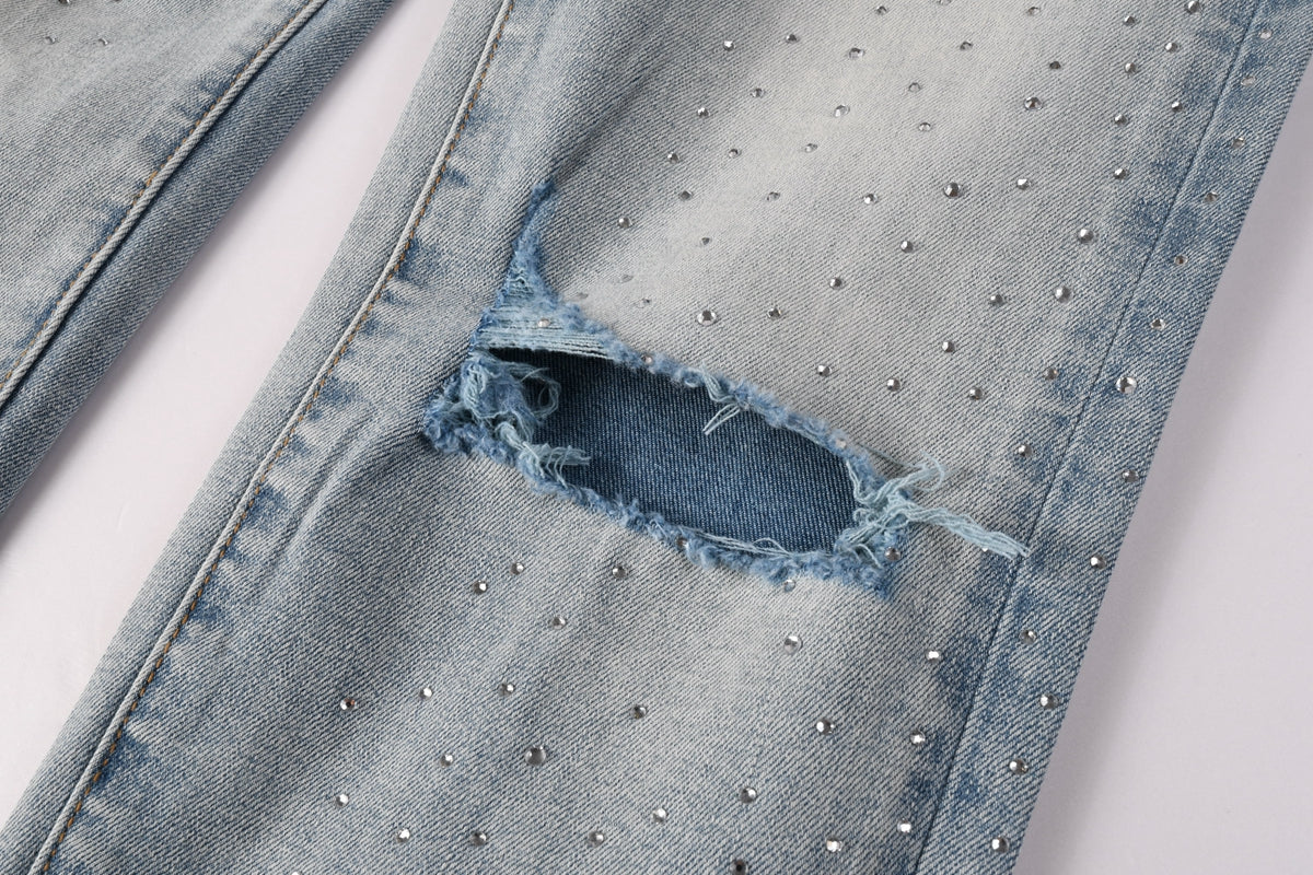 PURPLE Men Streetwear Skinny Jeans Light Blue with Rhinestone Studs and Distressed Details PU9119