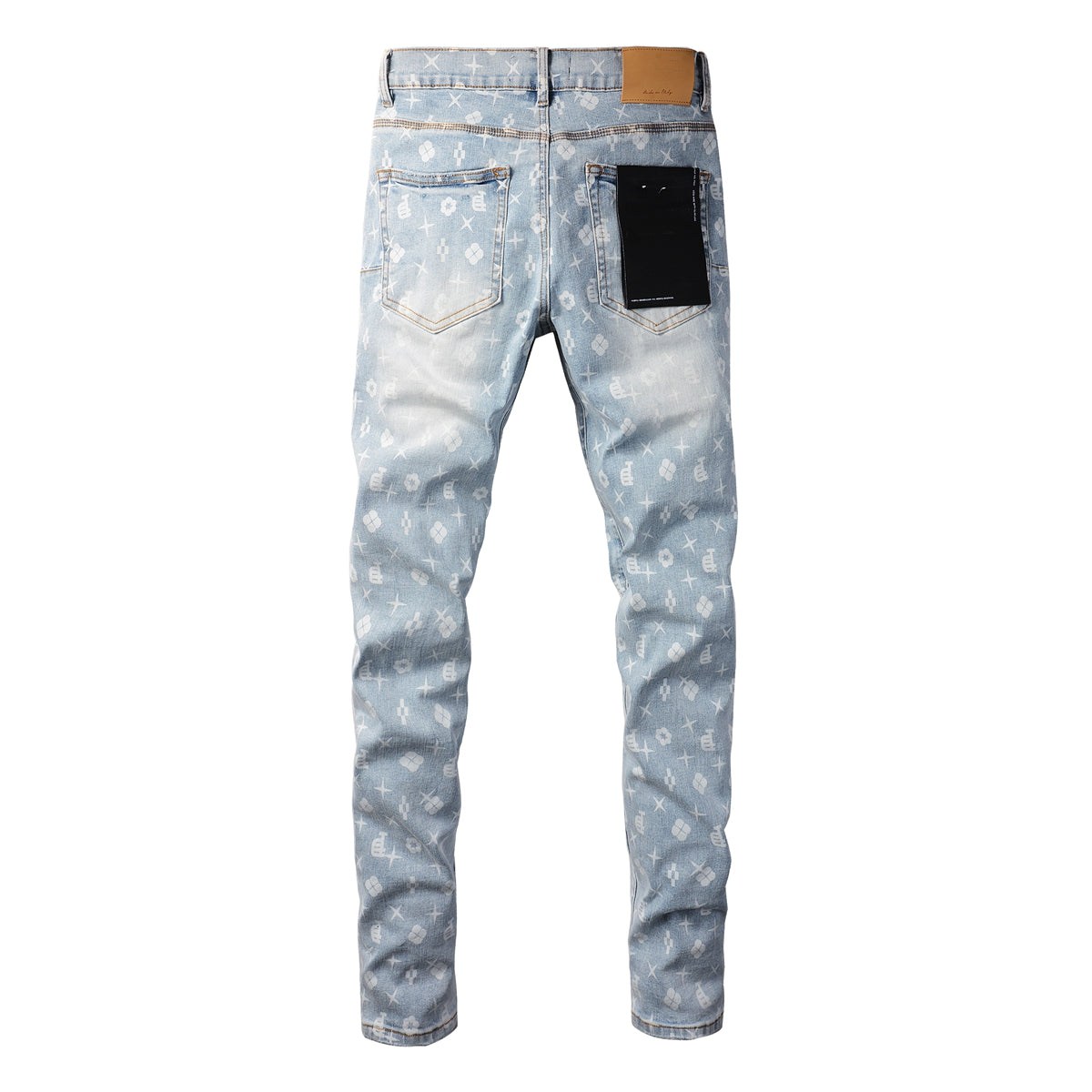 PURPLE Men Streetwear Skinny Jeans Light Blue Wash with All - Over Pattern Print 9089