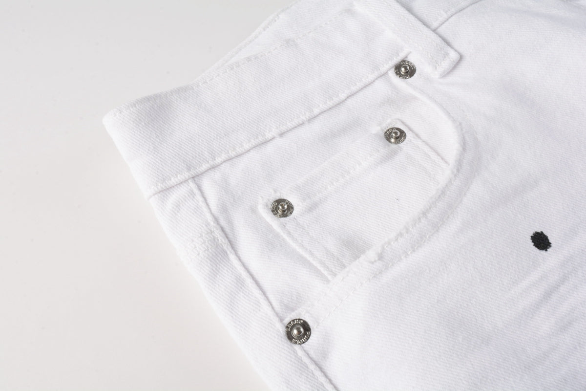 PURPLE Men Streetwear Denim Shorts White Wash with Black Paint Splatter Print and Raw Hem 5021