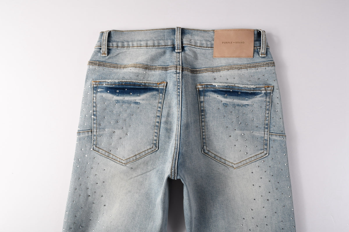 PURPLE Men Streetwear Skinny Jeans Light Blue with Rhinestone Studs and Distressed Details PU9119