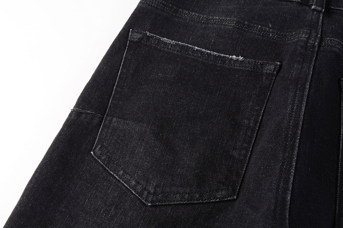 PURPLE Men Streetwear Skinny Jeans Black Wash with Knee Rips and White Paint Specks 9035