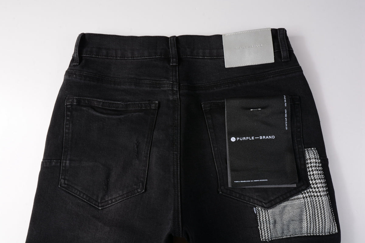 PURPLE Men Streetwear Denim Shorts Black Wash with Distressed Rips and Plaid Patches 5001