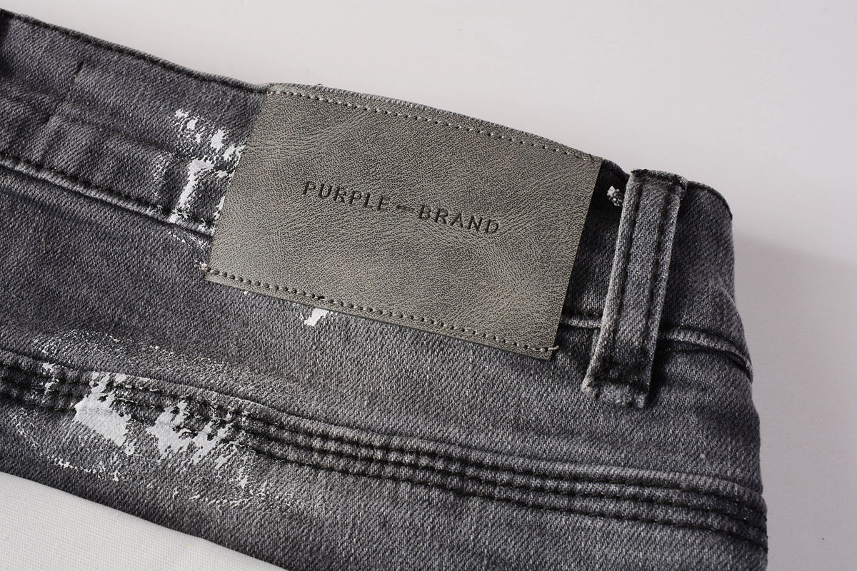 PURPLE Men Streetwear Skinny Jeans Dark Gray Wash with Knee Rips and White Paint Splatter 9039