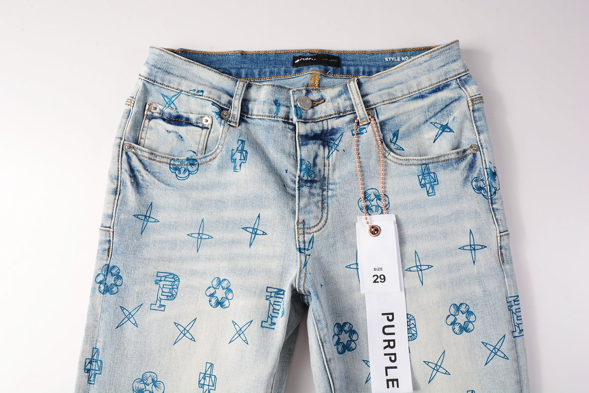PURPLE Men Streetwear Skinny Jeans Light Blue Wash with White Paint Brush Strokes 9063