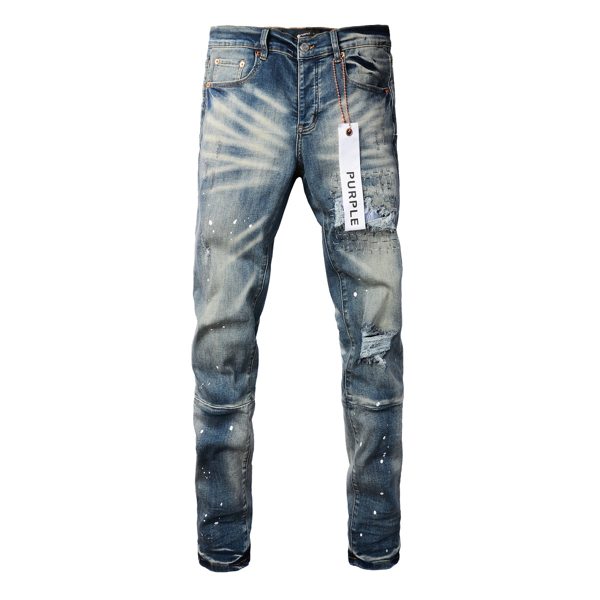 PURPLE Men Streetwear Jeans Distressed Blue PatchPaint skinny Fit 9025