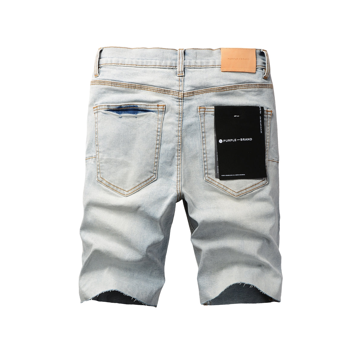 PURPLE Men Streetwear Denim Shorts Light Blue Wash with Black Paint Streak Print and Raw Hem 5048