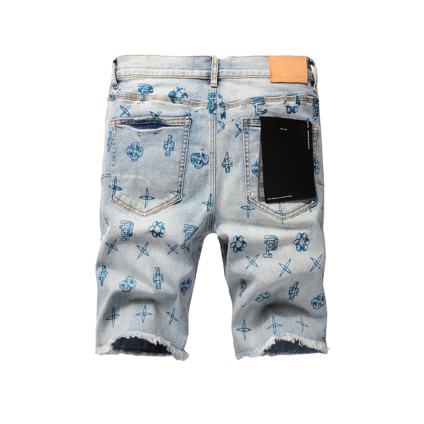 PURPLE Men Streetwear Denim Shorts Light Blue Wash with Blue Graphic Print and Raw Hem 5063