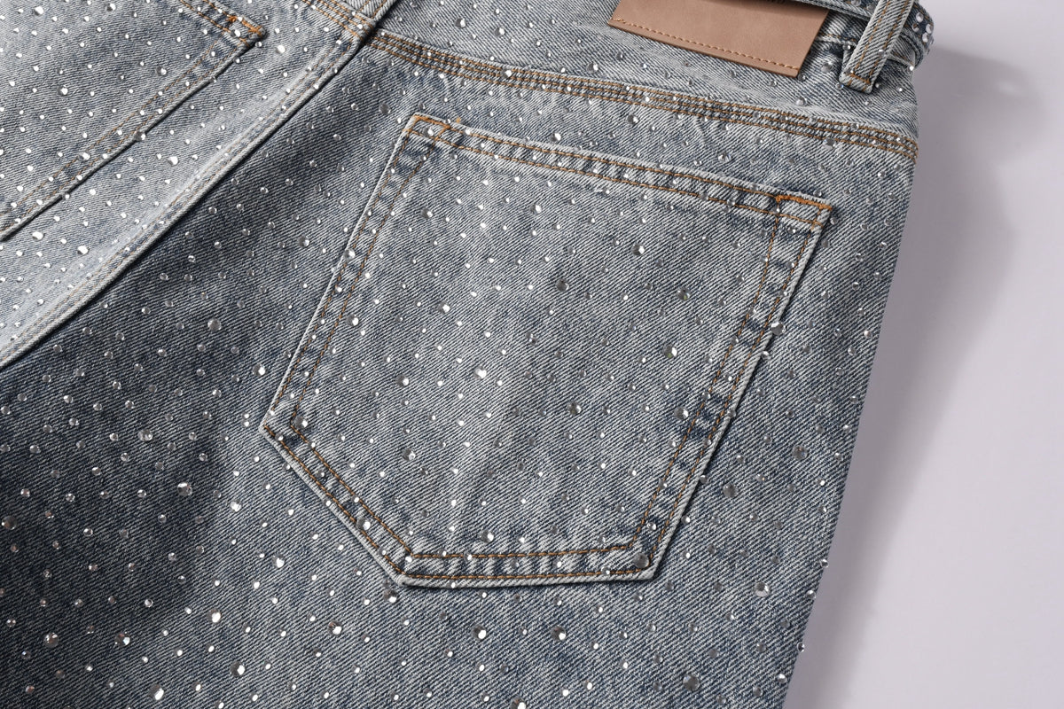 PURPLE Men Streetwear Straight Denim Shorts Grey Wash with Rhinestone Speckles and Seam Accents 5096
