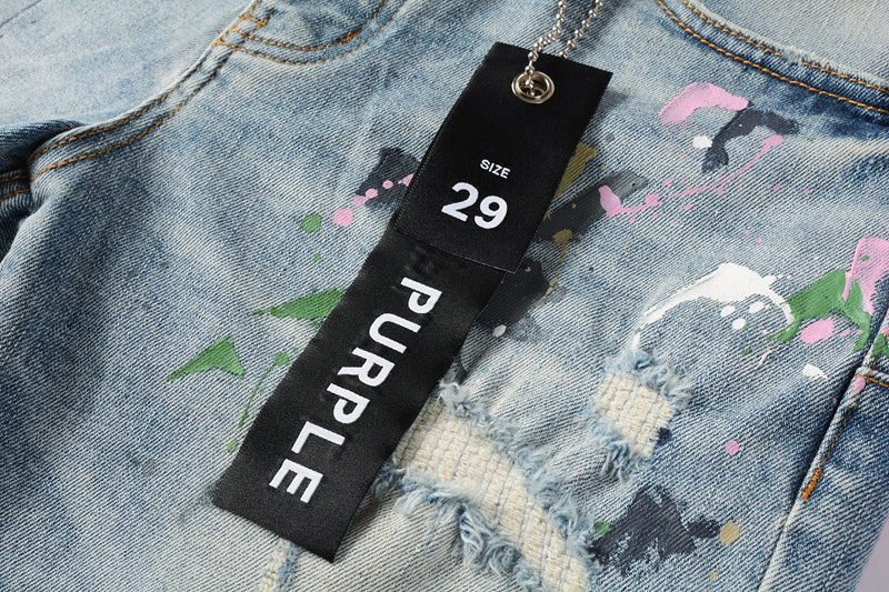 PURPLE Men Streetwear Denim Shorts Light Blue Wash with Colorful Paint Splashes and Distressed Raw Hem 5066