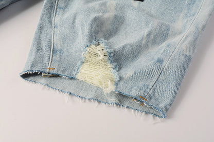 PURPLE   Men Streetwear Denim Shorts Light Blue Wash with White Distressed Patches and Raw Hem 5069