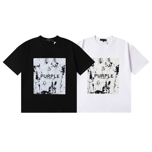 PURPLE Men Streetwear Short Sleeve Tee Black & White with Purple Brand Abstract Figure Print