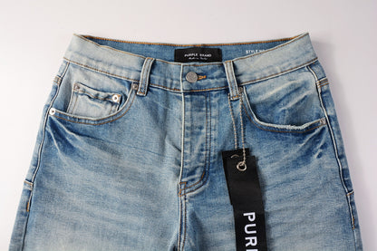 PURPLE  Men Streetwear Denim Shorts Light Blue Wash with Raw Hem and Vintage Finish 5016