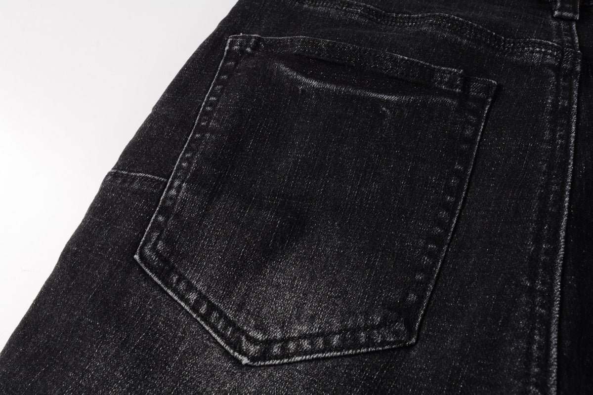 PURPLE  Men Streetwear Denim Shorts Black Wash with Colorful Feather Print and Raw Hem 5085