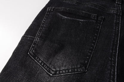 PURPLE  Men Streetwear Denim Shorts Black Wash with Colorful Feather Print and Raw Hem 5085