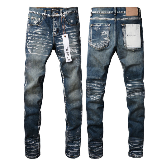 PURPLE  Men Streetwear Skinny Jeans Dark Blue Wash with White Brushstroke Distress 9040