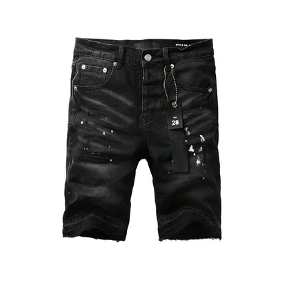 PURPLE  Men Streetwear Denim Shorts Black Wash with White Paint Splashes and Raw Hem 5002