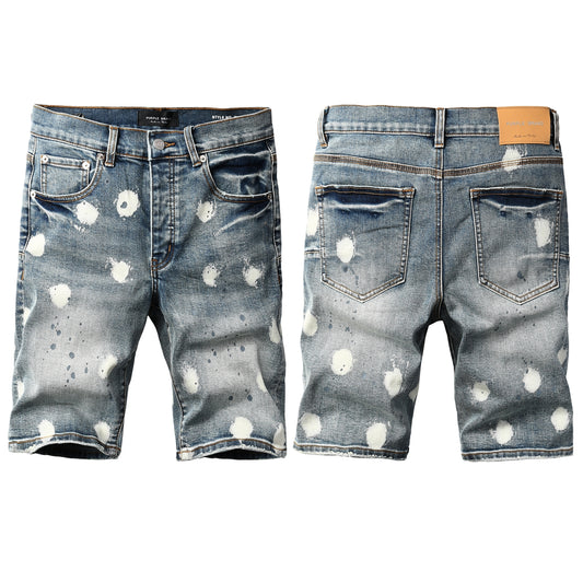 PURPLE   Men Streetwear Denim Shorts Light Blue Wash with Large White Paint Splashes and Speckles 5092