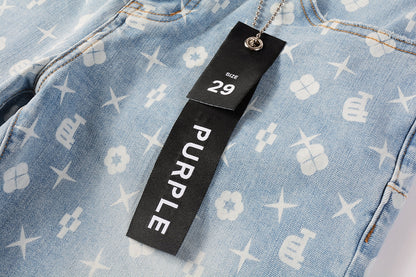 PURPLE  Men Streetwear Denim Shorts Light Blue Wash with White Geometric Print and Raw Hem 5089