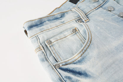 PURPLE  Men Streetwear Denim Shorts Light Blue Wash with Washed Distressed Raw Hem 5017
