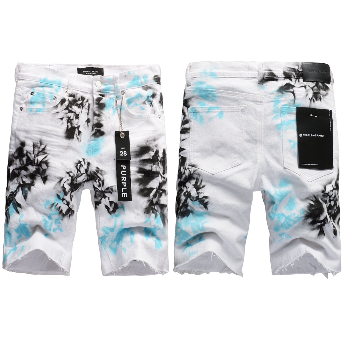 PURPLE  Men Streetwear Denim Shorts White Wash with Blue - Black Ink Floral Print and Raw Hem 5065