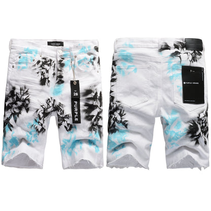 PURPLE  Men Streetwear Denim Shorts White Wash with Blue - Black Ink Floral Print and Raw Hem 5065