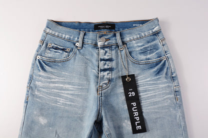 PURPLE  Men Streetwear Light Blue Denim Shorts with Vintage Wash and Raw Hem Finish 5091